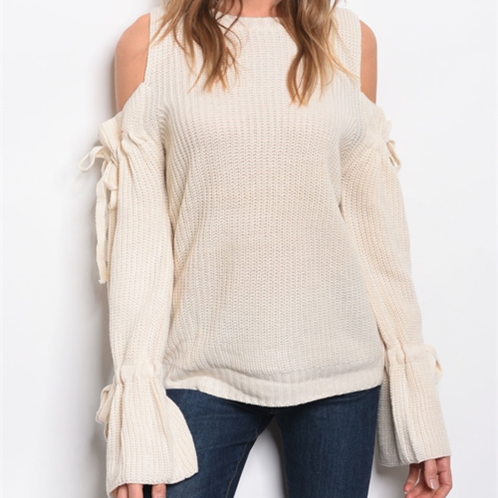 SALE! OATMEAL COLD SHOULDER BELL SLEEVE SWEATER - Picture 2 of 6